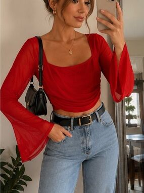SHEIN Red Long-Sleeve Square-Neck Crop Top with Flared Sleeves